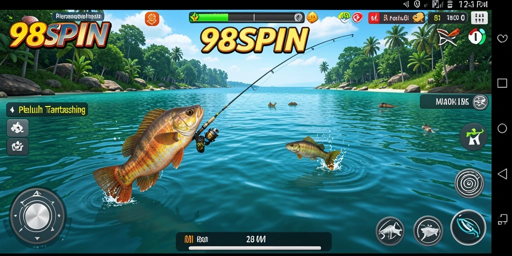Screenshot gameplay 98SPIN menampilkan aktivitas memancing yang seru dan interaktif.